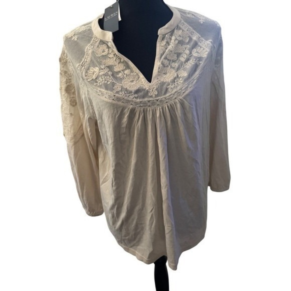 NWT Lauren Ralph Lauren Blouse M Cream Embroidered Lace Peasant Tunic Top 3/4